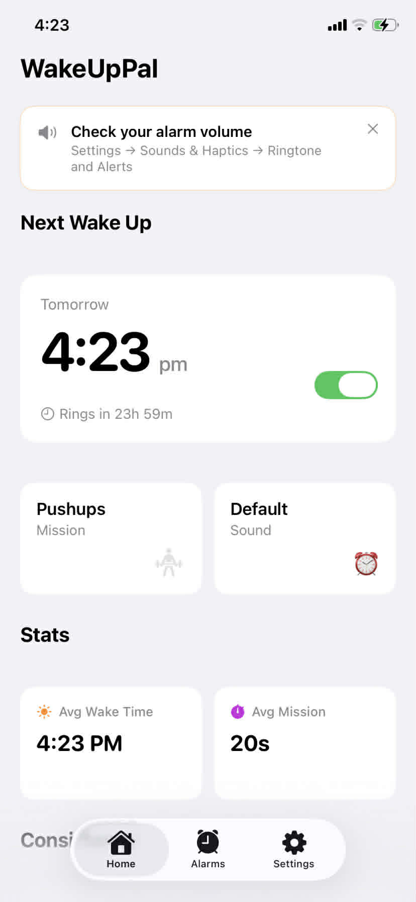 WakeUpPal home screen showing next wake up